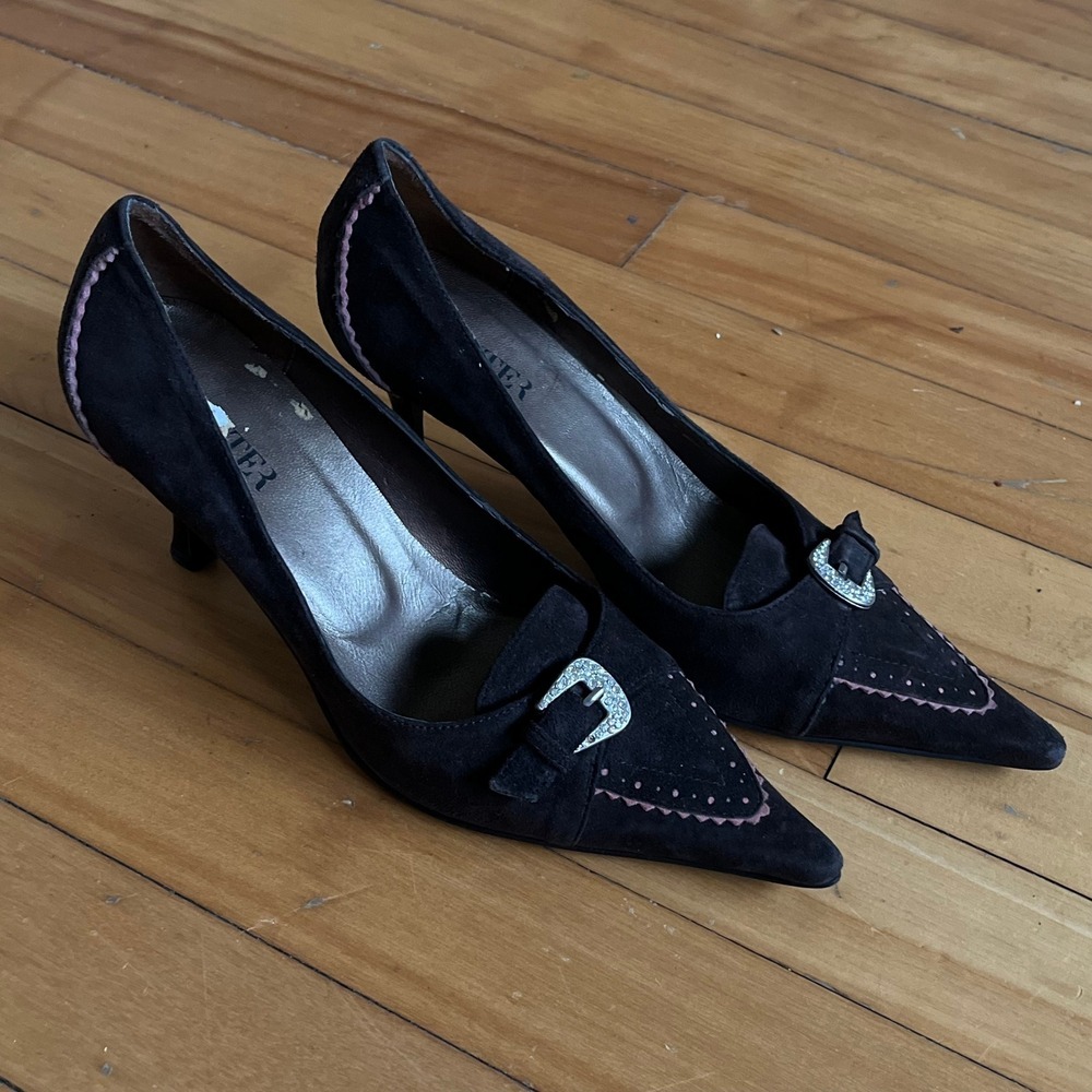 Vtg Hunter Suede Pointed Toe Kitten Heels Dark Brown Women Size EUR 37 / US 6.5